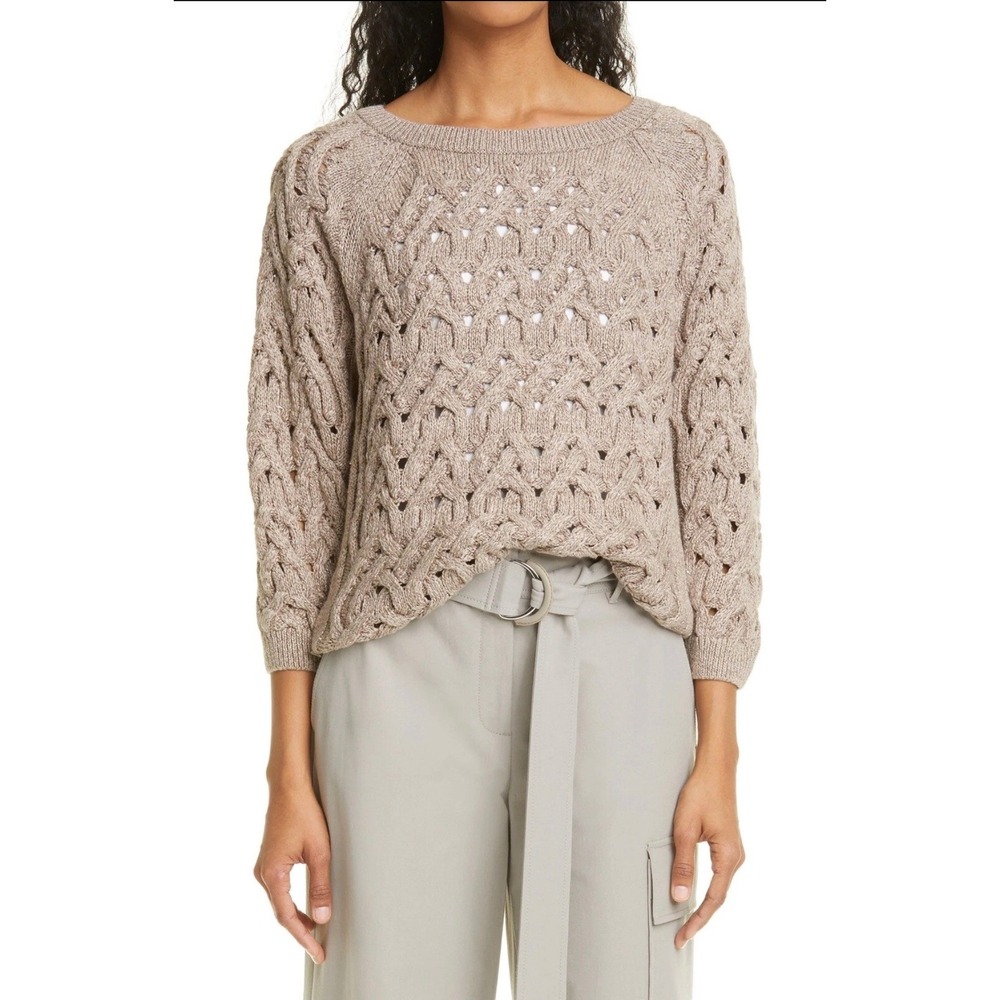 Lafayette 148 New York Linen Silk Blend Open Cable Knit Shimmer Sweater Beige S